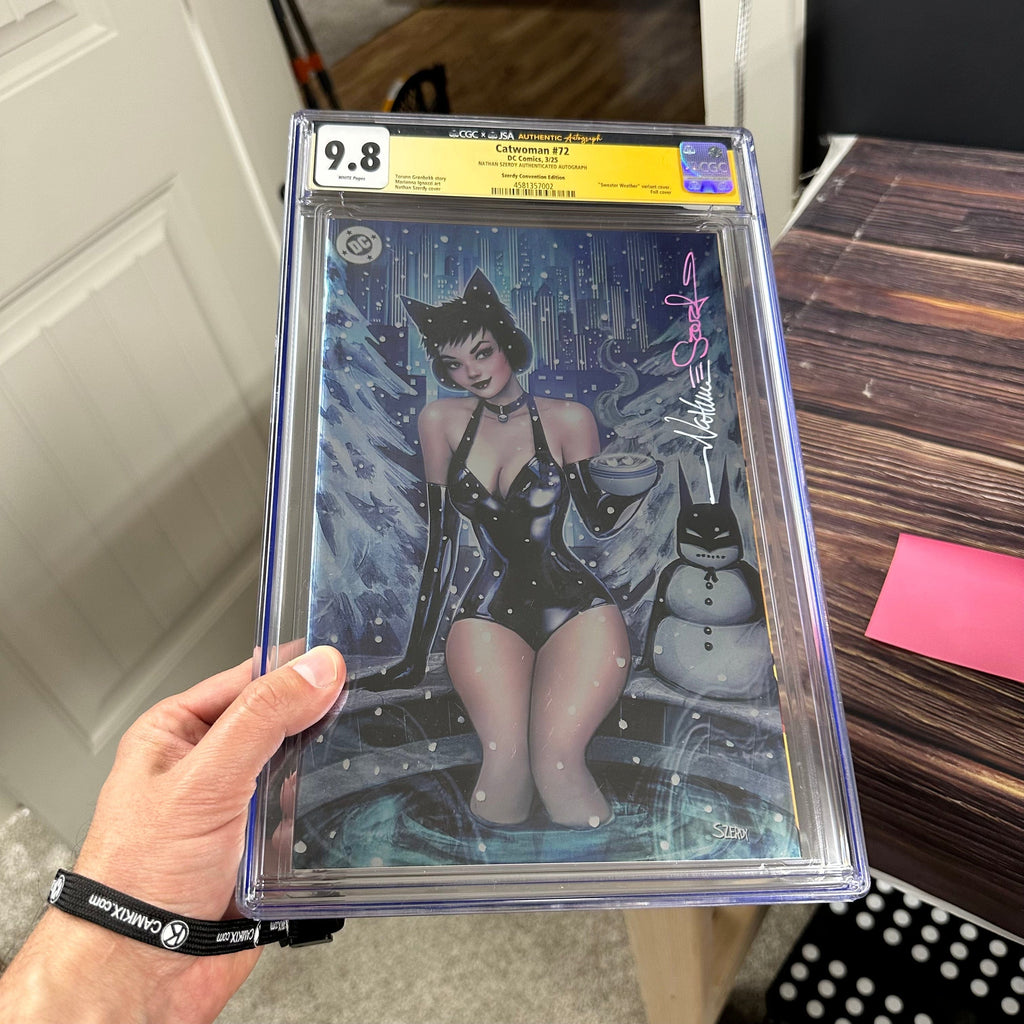 Bry's Comics Catwoman #72 CGC 9.8 WP Authenticated Autograph of Nathan Szerdy, Foil edition, Convention Cover by Nathan Szerdy, Sweater Weather Variant