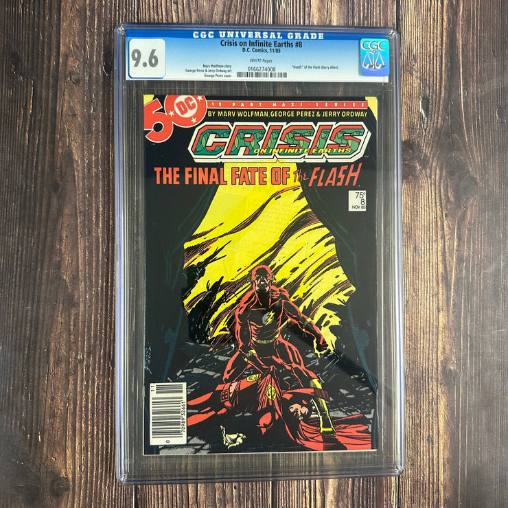 Bry's Comics Crisis on Infinite Earths #8 CGC 9.6 WP ICONIC Cover by George Perez, Death of Flash, Barry Allen, NEWSSTAND EDITION