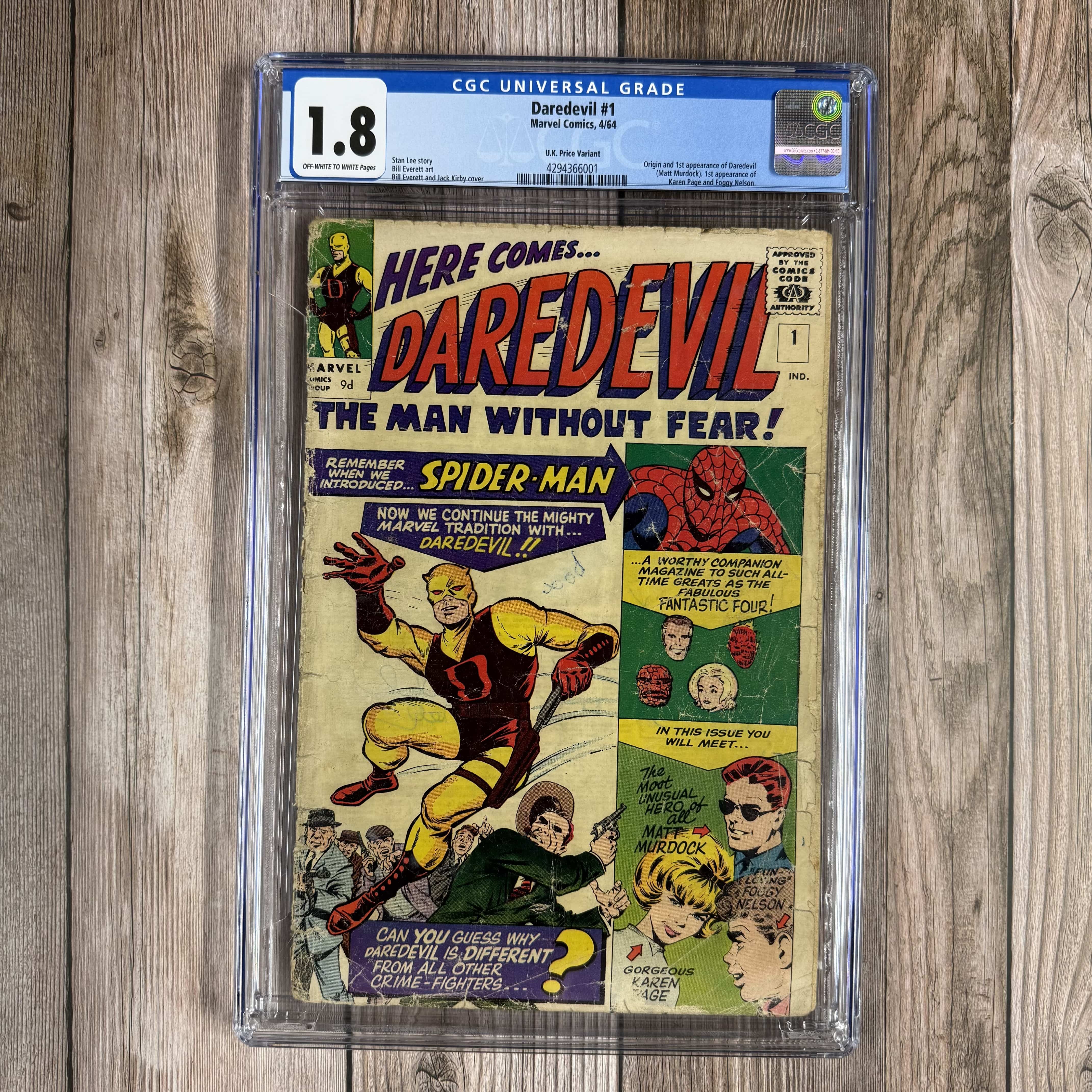 Daredevil #1 CGC 1.8 U.K. Price Variant Cover Art by Bill Everett and ...