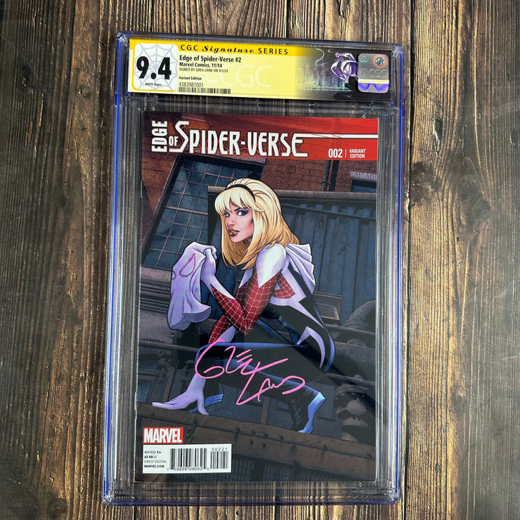 Bry's Comics Edge of Spider-Verse #2 CGC 9.4 WP Custom Label (1:25 Greg Land Variant) SS Signed by Greg Land, 1st Appearance of Spider-Gwen and Em Jay Watson