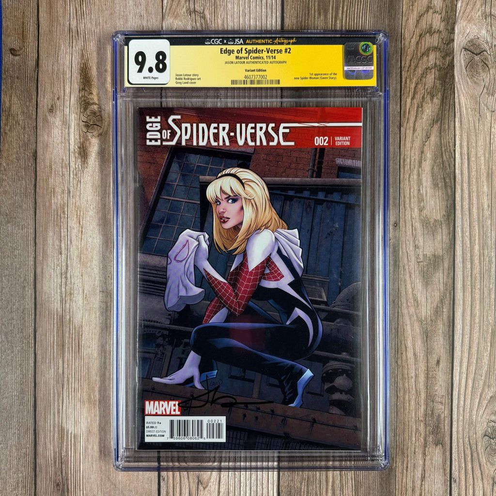 Bry's Comics Edge of Spider-Verse #2 CGC 9.8 WP Authenticated Autograph of Jason Latour, 1:25 Variant by Greg Land, 1st appearance of Spider-Gwen, 1st appearance of Em Jay Watson (Earth-65), 1st team appearance of the Mary Janes (Cert: 7002)