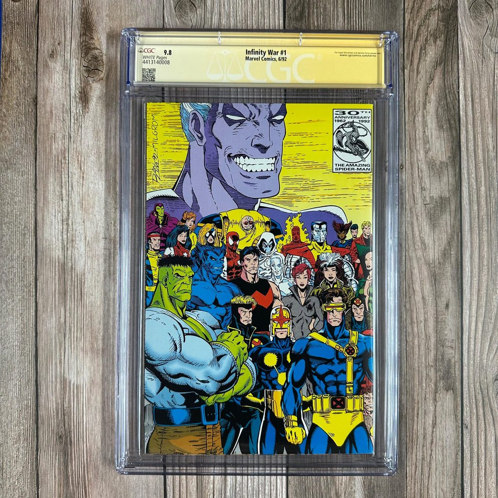 Bry's Comics Infinity War #1 CGC 9.8 WP SS Signed by Al Milgrom, Jim Starlin, Ron Lim, Chris Claremont, Frank Miller, Glynis Oliver, Tom Orzechowski, Joe Rubinstein & Roy Thomasx, 1st appearance of Marvel doppelgangers (cert:0008)