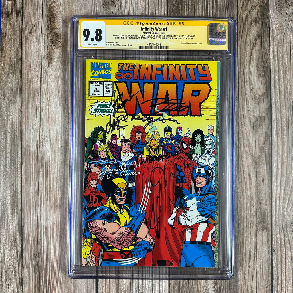 Bry's Comics Infinity War #1 CGC 9.8 WP SS Signed by Al Milgrom, Jim Starlin, Ron Lim, Chris Claremont, Frank Miller, Glynis Oliver, Tom Orzechowski, Joe Rubinstein & Roy Thomasx, 1st appearance of Marvel doppelgangers (cert:0008)