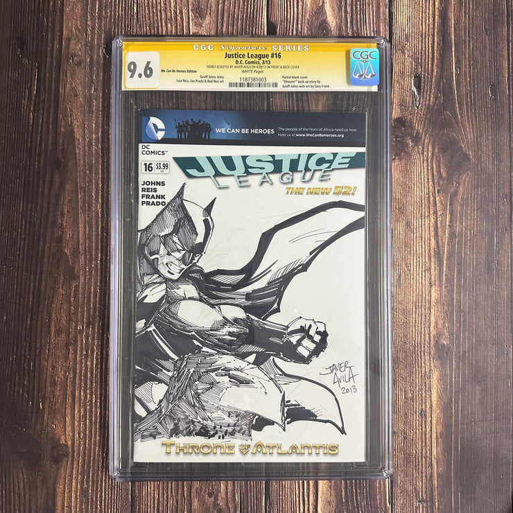 Bry's Comics Justice league #16  CGC 9.6 WP, Signature Series, Signed and sketch by Javier Avila on Front and Back Cover