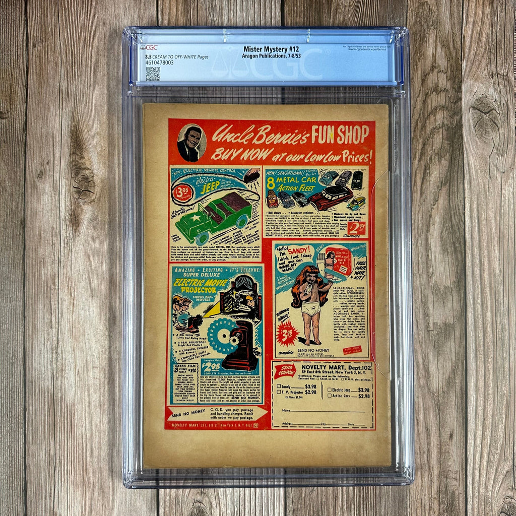 Bry's Comics Mister Mystery #12 CGC 3.5 Iconic Injury to Eye cover, Pre Code Horror *Trade Avail.