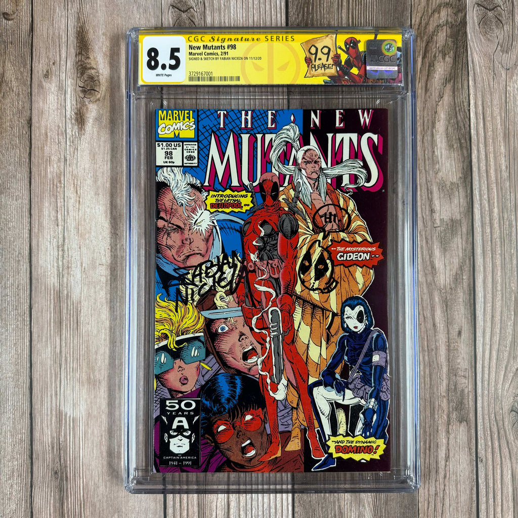 Bry's Comics New Mutants #98 CGC 8.5 WP Custom Label, SS Signed by Fabian Nicieza 1st appearance of Deadpool, Copycat impersonating Domino, and Gideon (cert:7001)