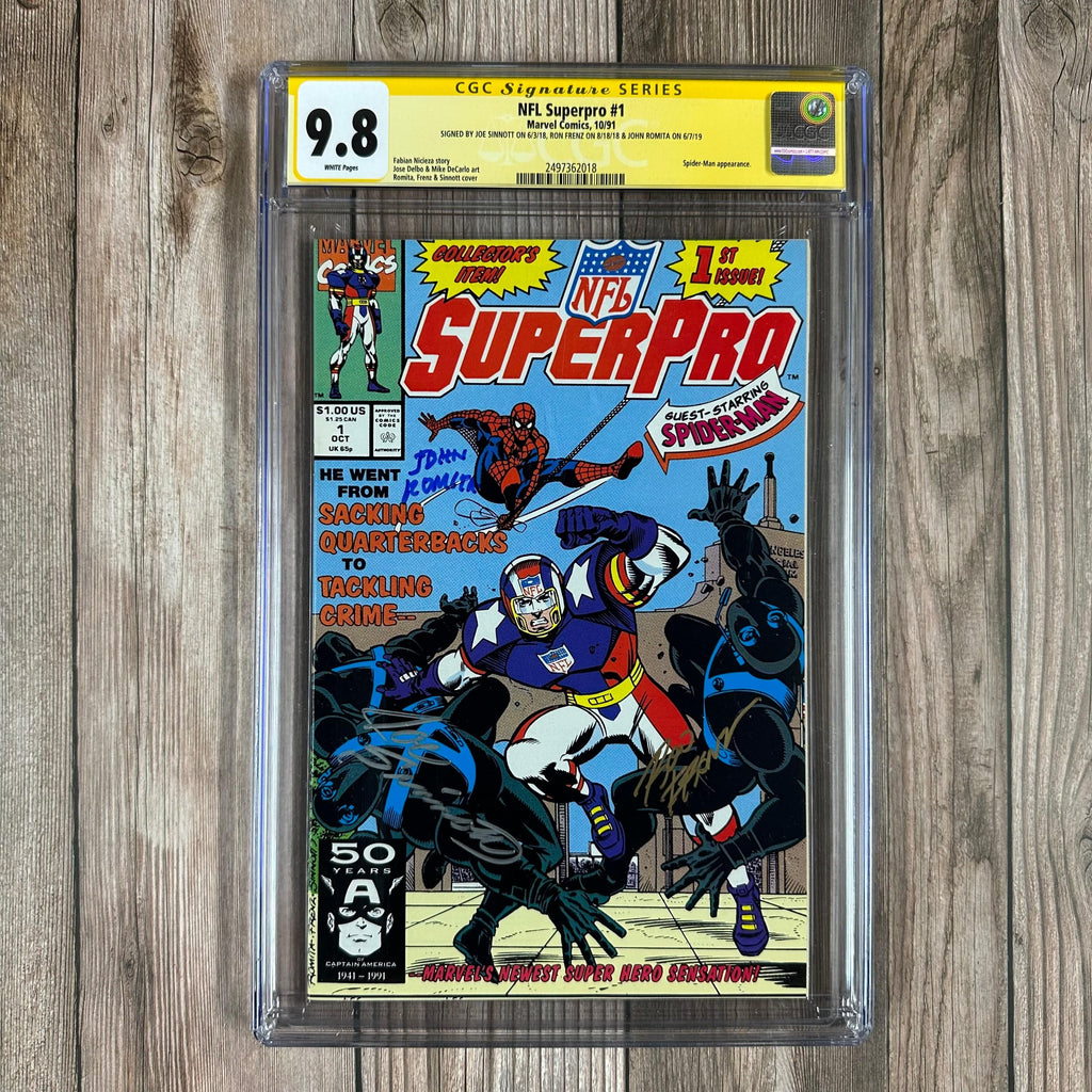 Bry's Comics NFL SuperPro #1 CGC 9.8 WP SS Signed by Joe Sinnott, Ron Frenz & John Romita Spider-Man appearance (cert:2018)