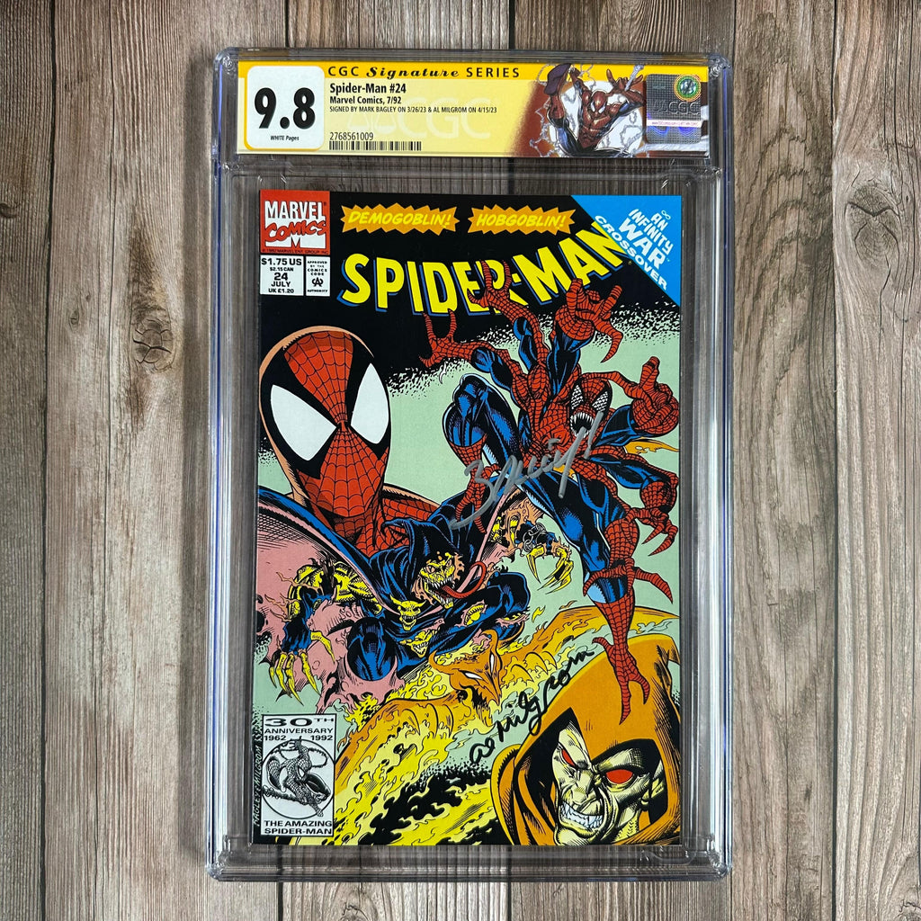 Bry's Comics Spider-Man #24 CGC 9.8 WP Custom Label, SS Signed by Mark Bagley & Al Milgrom, 2nd appearance & 1st cover appearance of Doppelganger Spider-Man