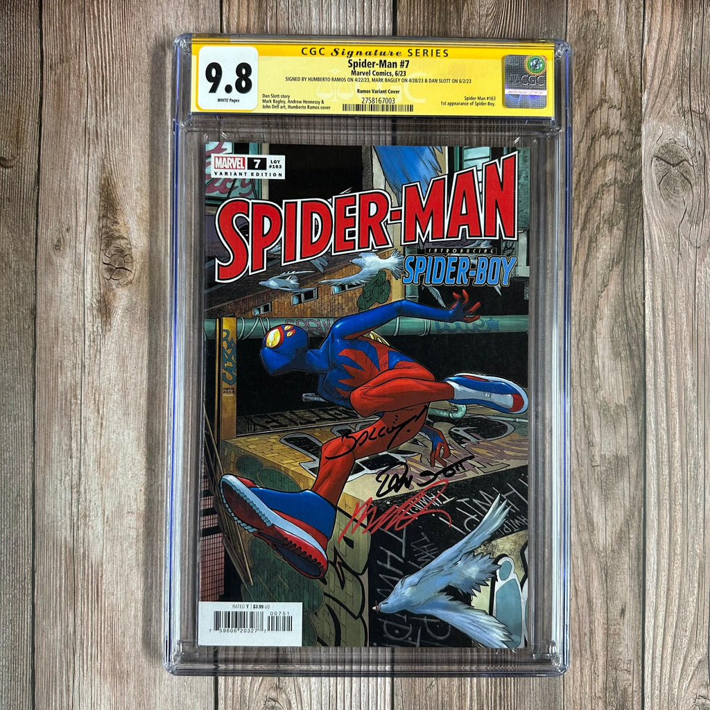 Bry's Comics Spider-Man #7 CGC 9.8 WP SS Signed by Humberto Ramos, Mark Bagley & Dan Slott,  Secret Spoiler Variant Cover by Humberto Ramos, 1st appearance of Spider-Boy