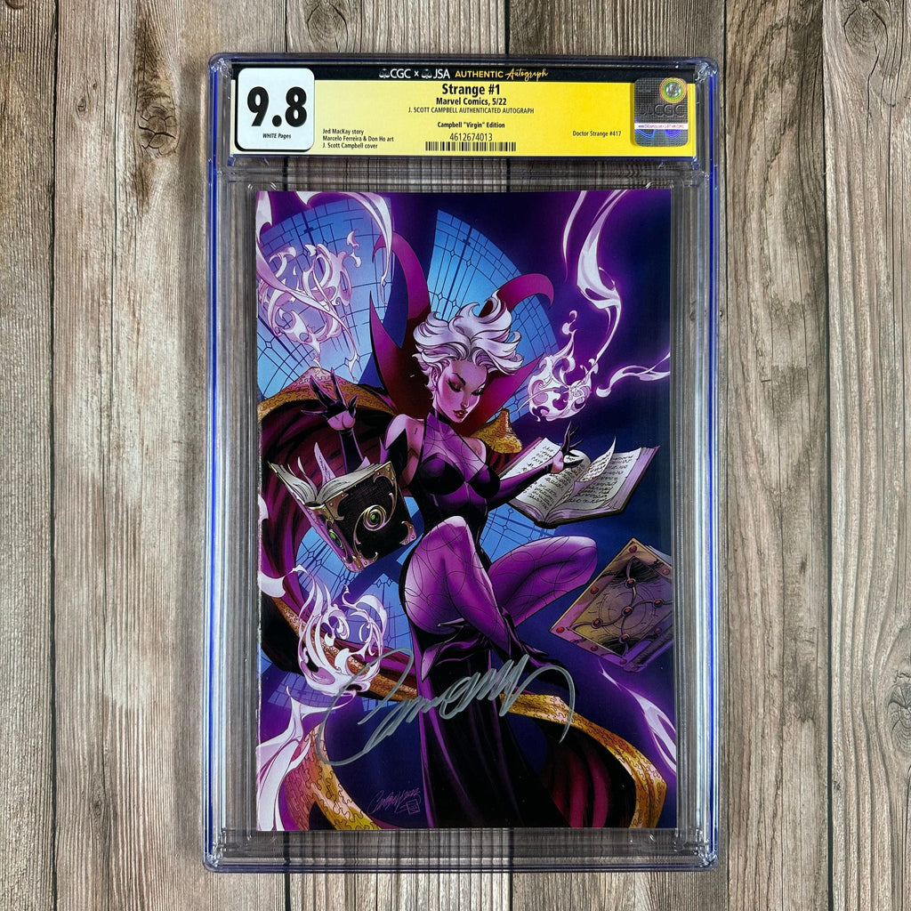Bry's Comics Strange #1 CGC 9.8 WP Authenticated Signature of J. Scott Campbell Campbell "Virgin" Edition 1:500 Variant Cover by J. Scott Campbell, 1st appearance of the Harvestman (Doctor Strange), 1st team appearance of the Blasphemy Cartel (cert:4013)