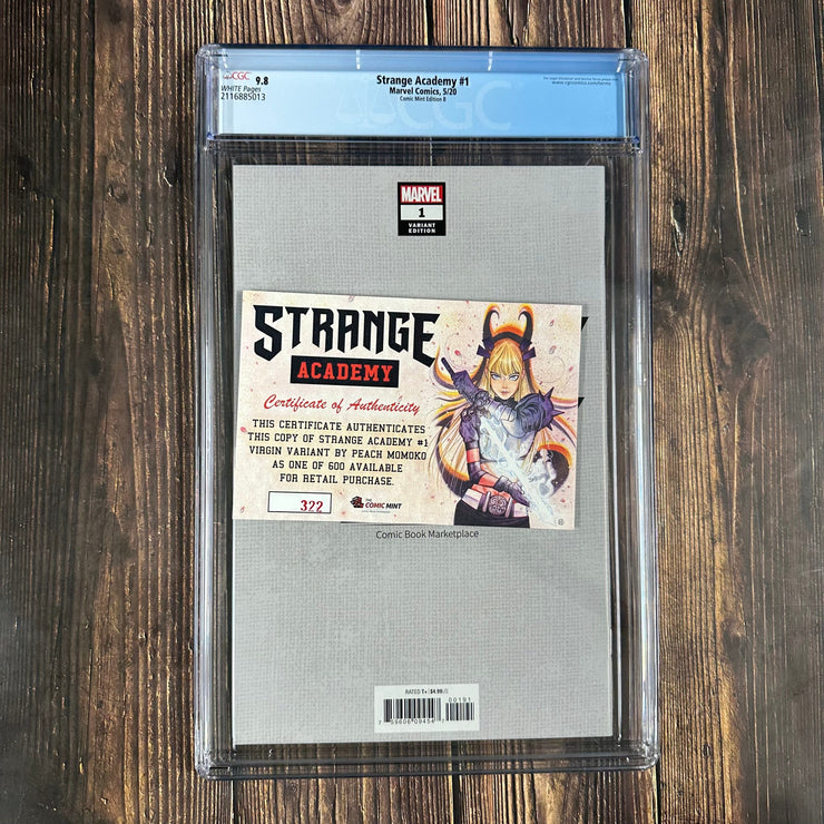 Bry's Comics Strange Academy #1 CGC 9.8 WP Comic Mint Edition B, Virgin Variant by Peach Momoko, 1st appearances of Emily Bright, Doyle Dormammu, Shaylee Moonpeddle, German Aguilar, Zoe Laveau, Limited to 600 (COA N. 322)