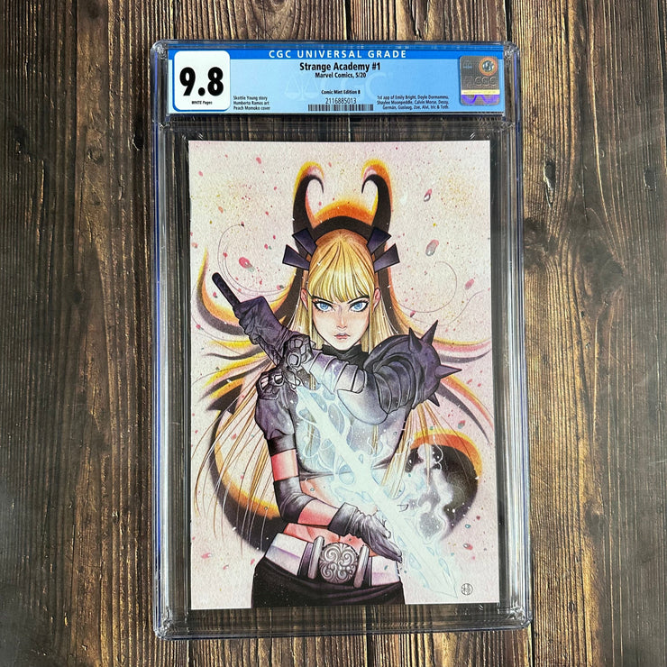 Bry's Comics Strange Academy #1 CGC 9.8 WP Comic Mint Edition B, Virgin Variant by Peach Momoko, 1st appearances of Emily Bright, Doyle Dormammu, Shaylee Moonpeddle, German Aguilar, Zoe Laveau, Limited to 600 (COA N. 322)