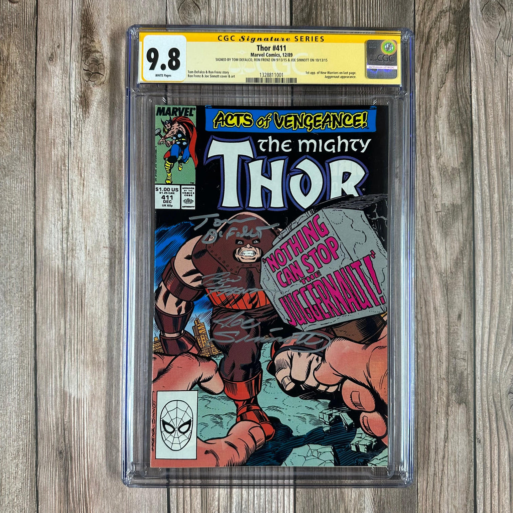 Bry's Comics Thor #411 CGC 9.8 WP SS Signed by Tom DeFalco, Ron Frenz & Joe Sinnott, 1st cameo team appearance of the New Warriors, Juggernaut appearance (cert:1001)