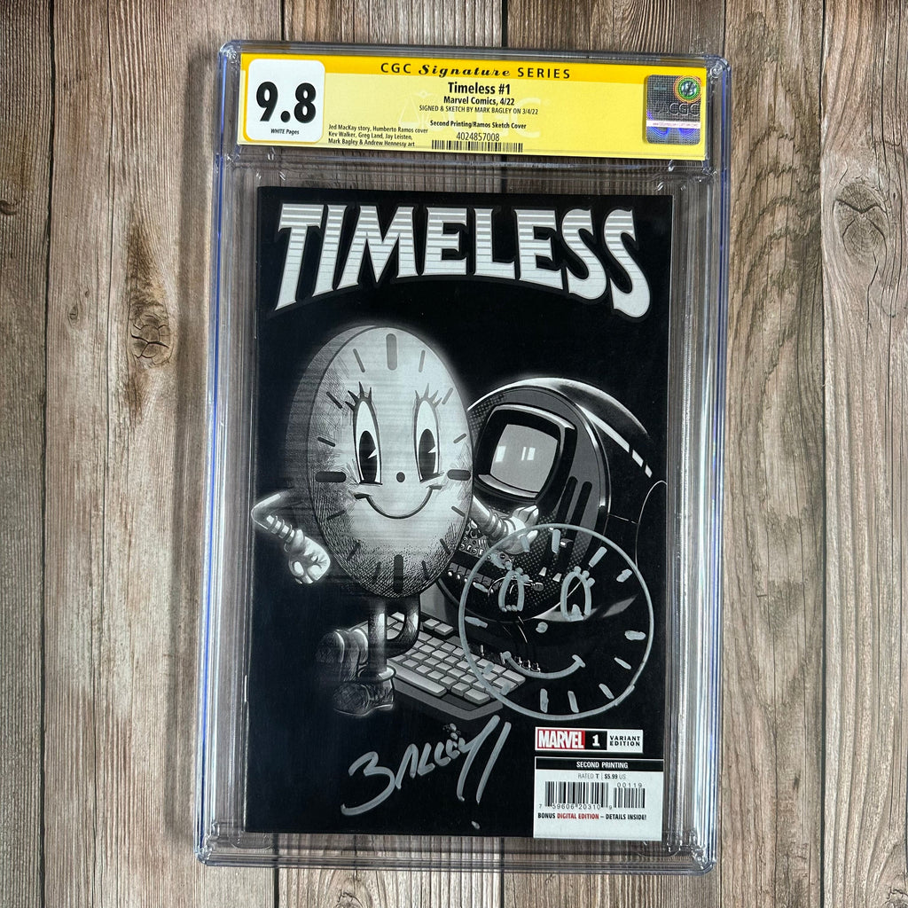 Bry's Comics Timeless #1 CGC 9.8 WP Second Printing, SS Signed and Sketched by Mark Bagley, Humberto Ramos Sketch Cover, 1st cover appearance of Miss Minutes