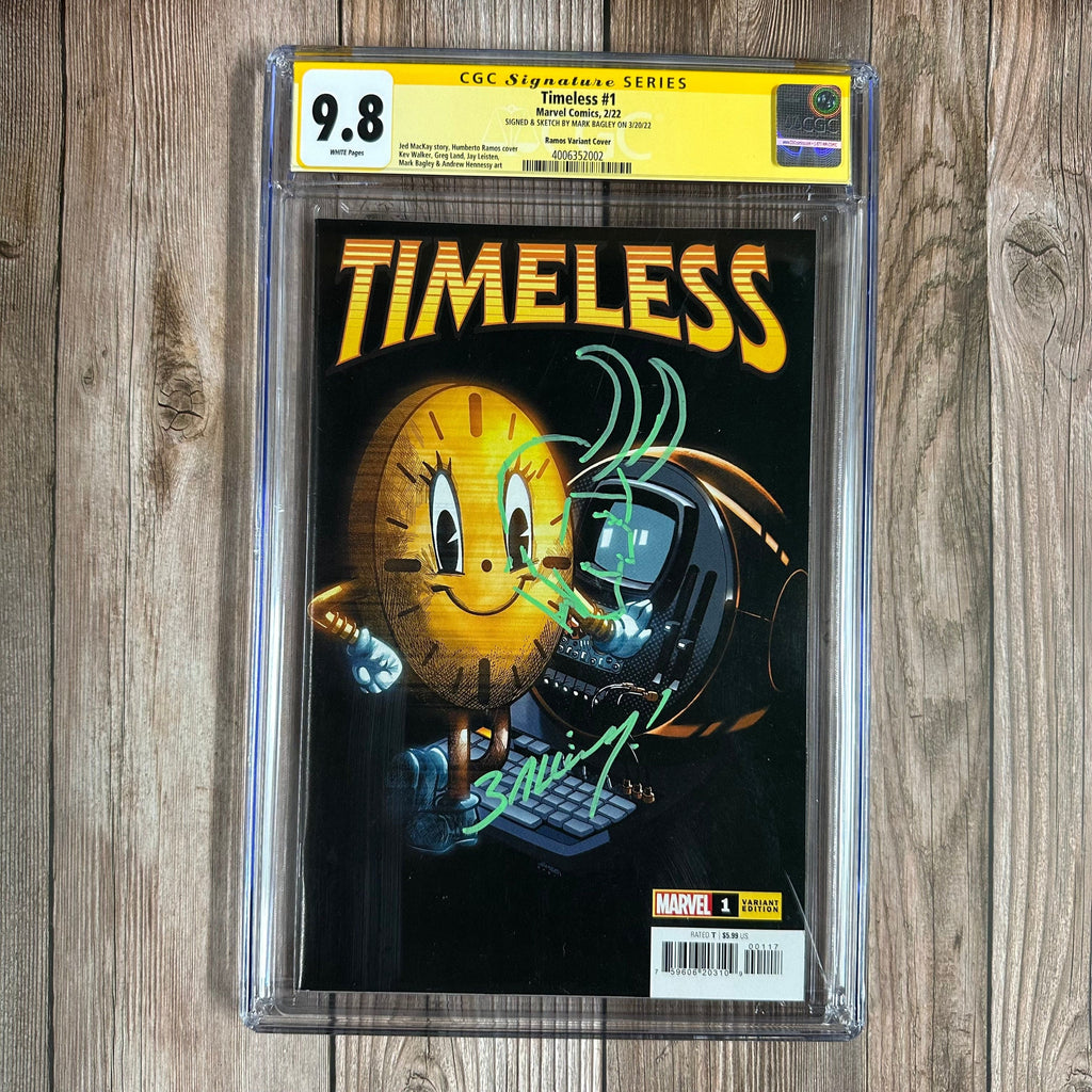 Bry's Comics Timeless #1 CGC 9.8 WP SS Signed and Sketched by Mark Bagley, Humberto Ramos Variant Cover, 1st cover appearance of Miss Minutes