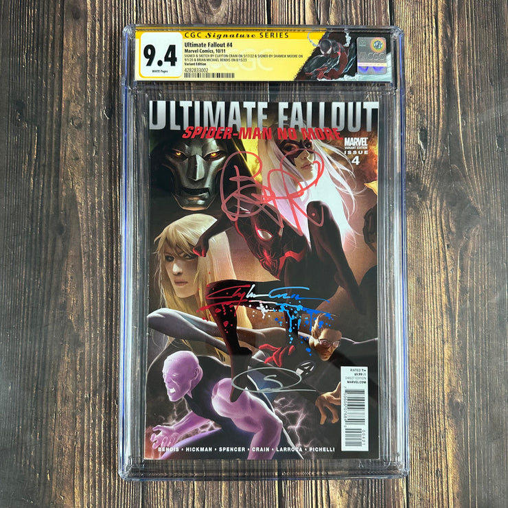 Bry's Comics * Ultimate Fallout #4 CGC 9.4 WP Signature Series Signed and sketched by Clayton Crain, Signed by Shameik Moore and Brian Michael Bendis 1st Printing Variant cover art by Marko Djurdjevic 1st appearance of Miles Morales (Copy)