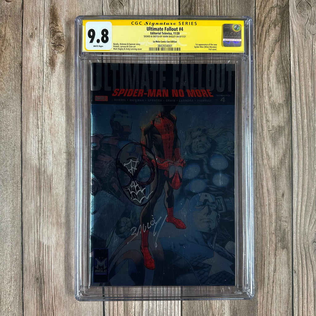 Bry's Comics Ultimate Fallout #4 CGC 9.8 WP SS Signed & Sketch by Mark Bagley La Mole Comic Con Foil Edition, 1st appearance of Miles Morales,  LIMITED TO 1000 COPIES (cert:4001)