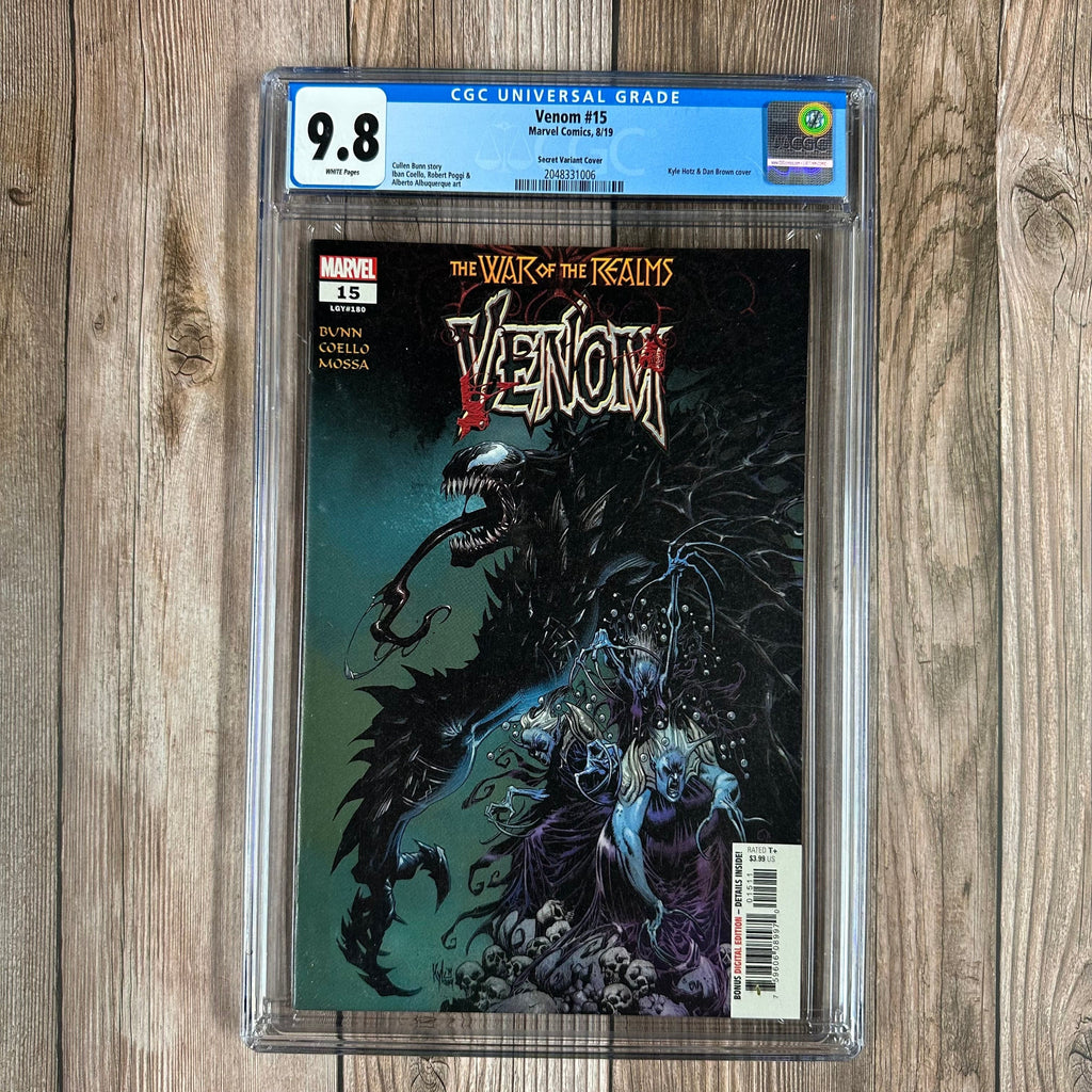 Bry's Comics Venom #15 CGC 9.8 WP Secret Variant Cover Red Splatter Title indicating an additional page tie-in to Absolute Carnage
