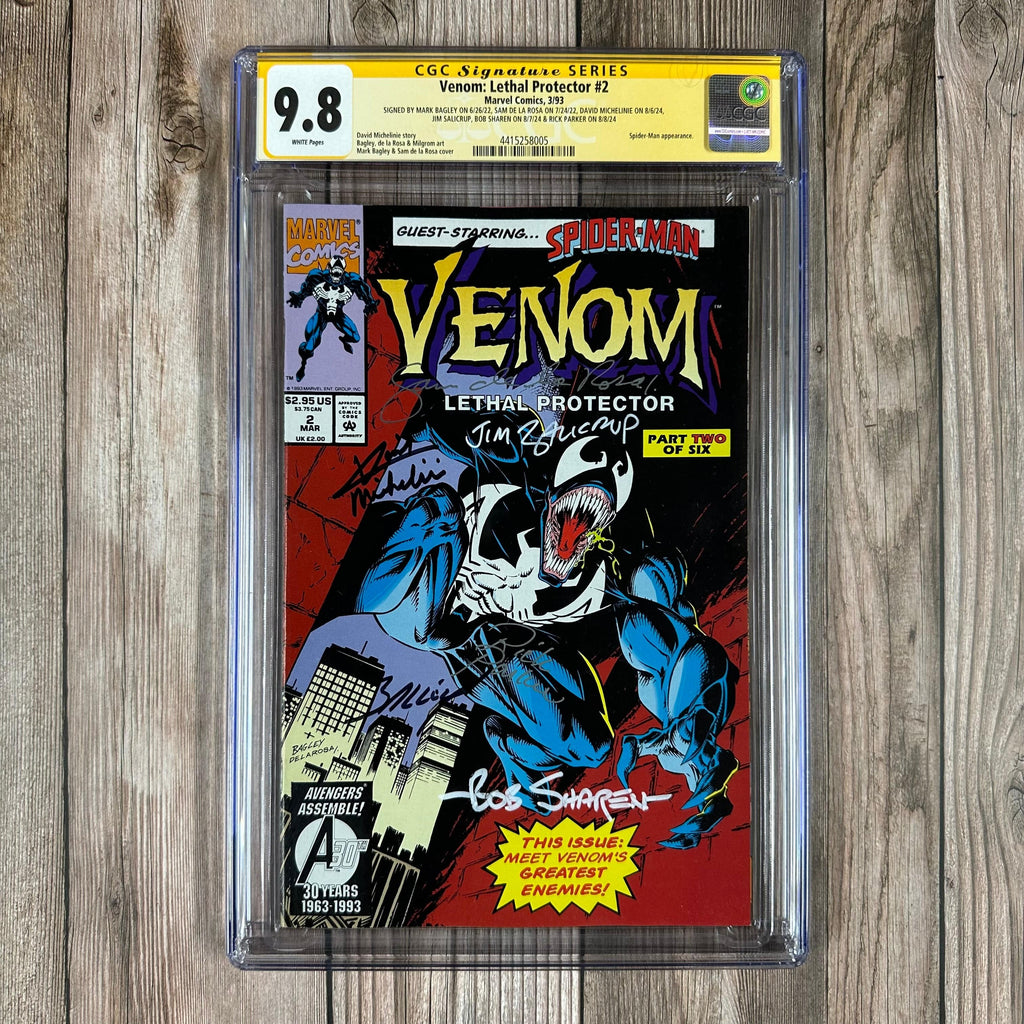 Bry's Comics Venom: Lethal Protector #2 CGC 9.8 WP SS Signed by Mark Bagley, Sam de la Rosa, David Michelinie, Jim Salicrup, Bob Sharen & Rick Parker 1st team appearance of The Jury, 1st full appearance of General Orwell Taylor (cert:8005)
