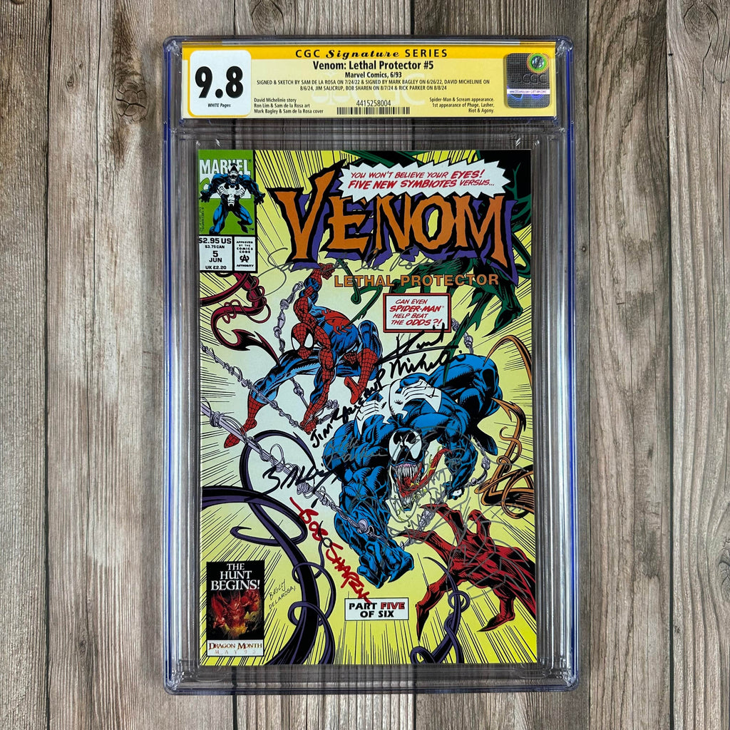 Bry's Comics Venom: Lethal Protector #5 CGC 9.8 WP SS Signed by Sam de la Rosa, Mark Bagley, David Michelinie, Jim Salicrup, Bob Sharen & Rick Parker 1st full appearance of Phage, Agony, Riot & Lasher (cert:8004)